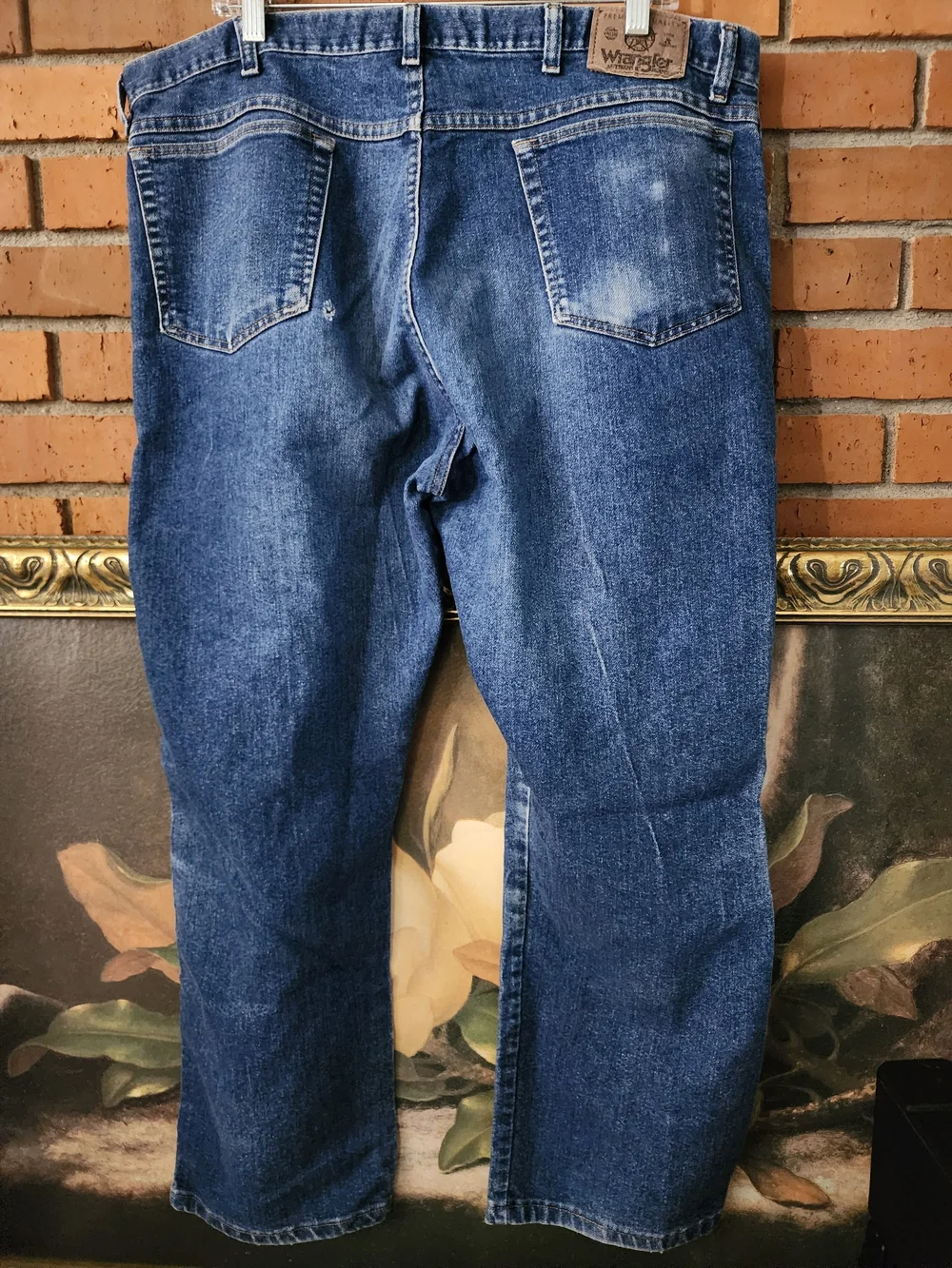Wrangler Men's Dark Blue Bootcut Jeans with Whiskered Fade approx Size 38/26